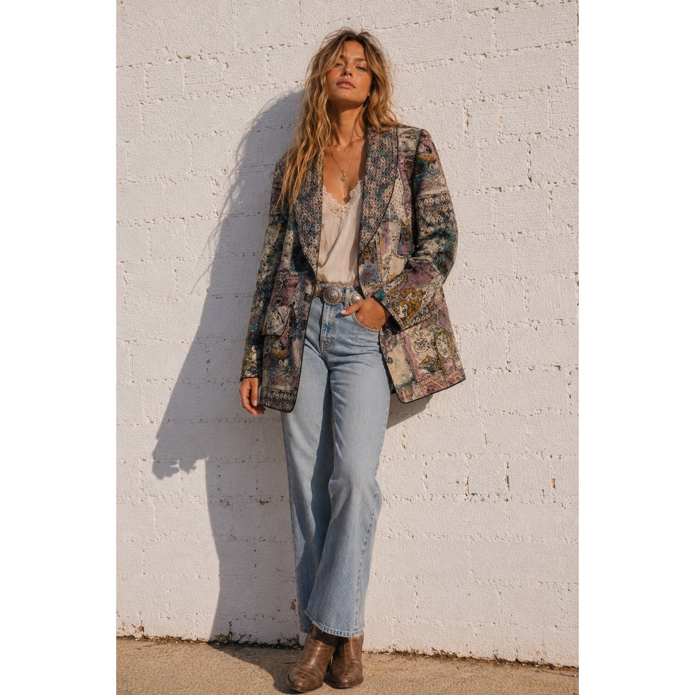 Vintage Dorothy Schoelen Tapestry Blazer Art Print Patchwork Jacket Medium